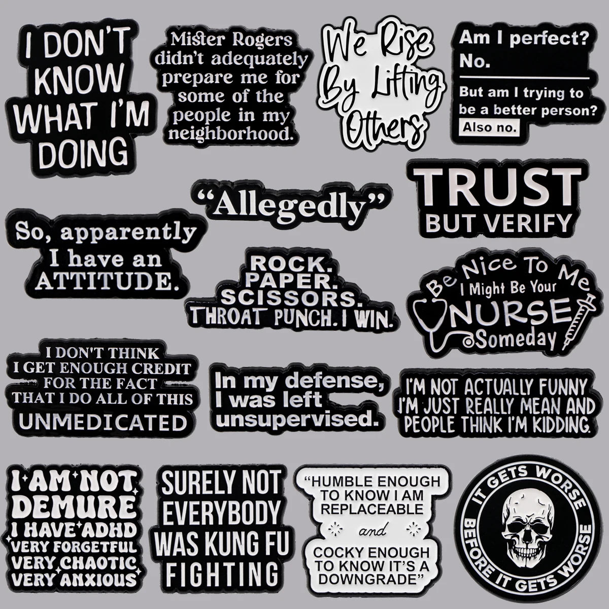 SkeleQuip: Witty Phrase Enamel Pins & Brooches