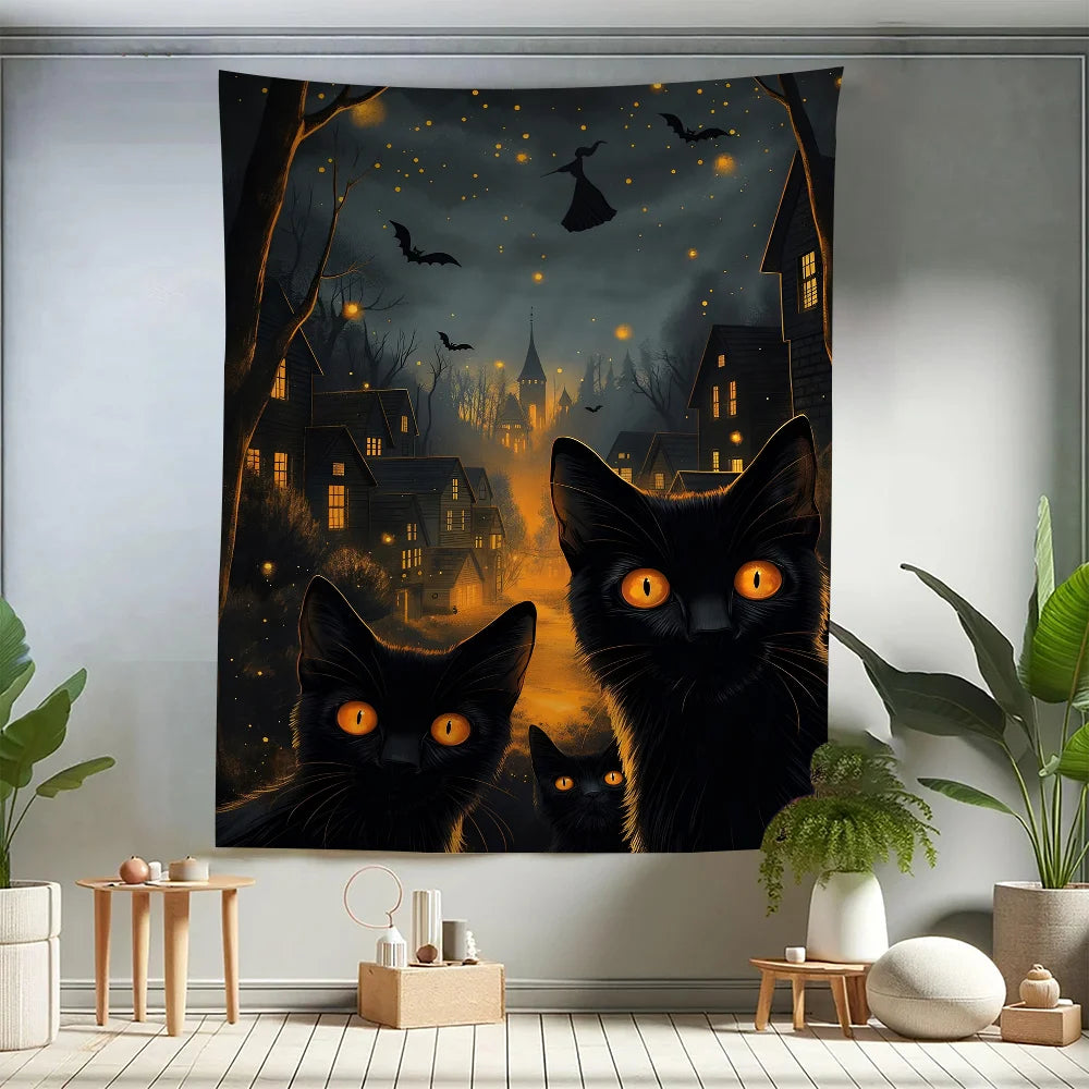 VIKAMA Spooky Castle & Cat Halloween Wall Tapestry